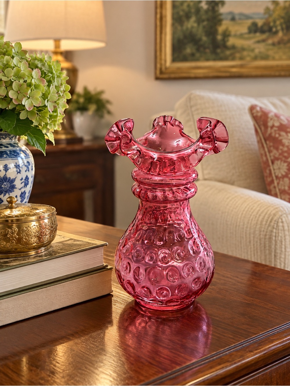 Vintage Pink Art Glass Ruffled Vase - Brand Unspecified